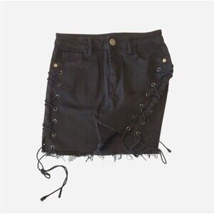 Windsor Black grommet Side Tie Up Mini Denim Skirt Size XS Y2K Alt Goth Party